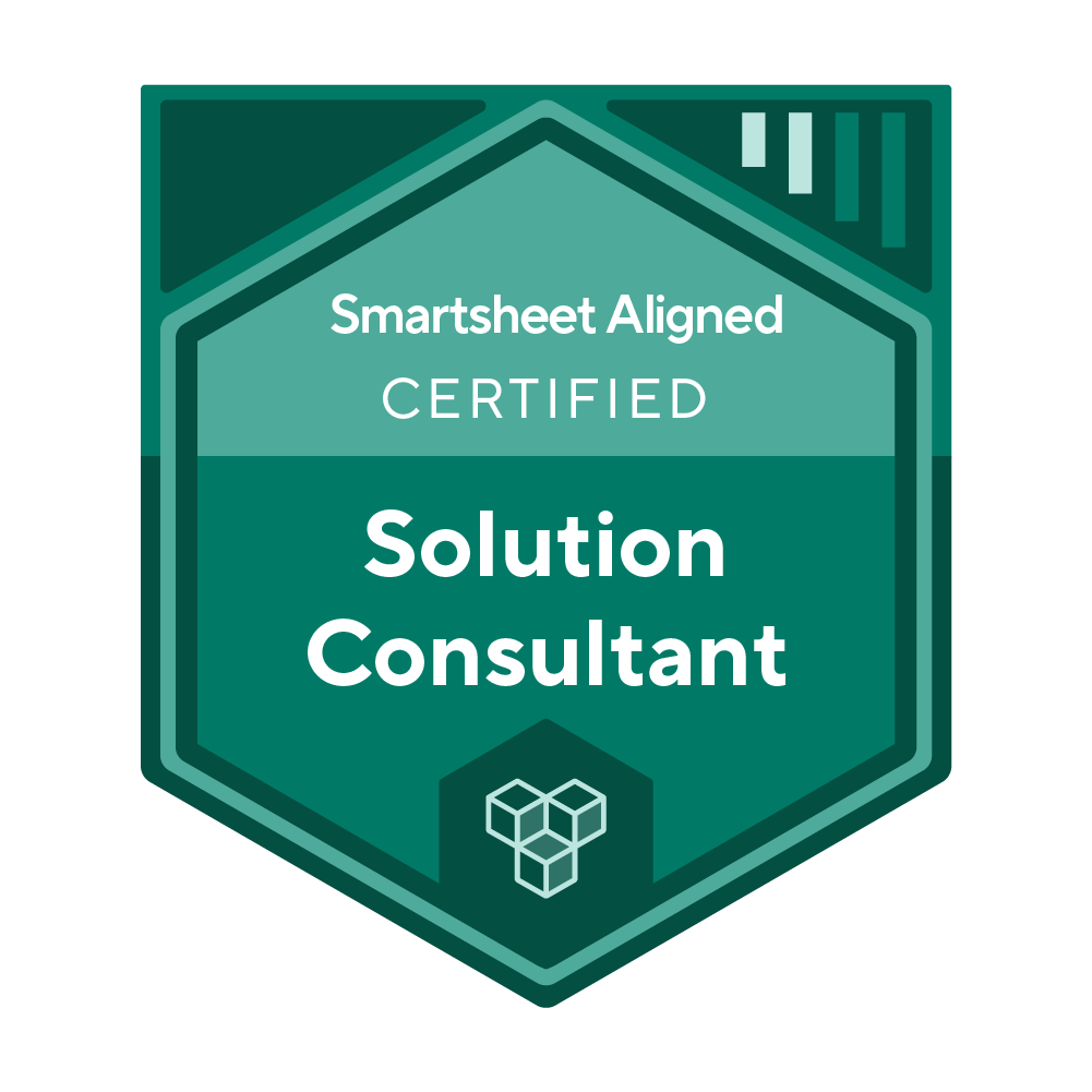 About Us 10 Smartsheet Aligned Badges SolutionConsultant Teal